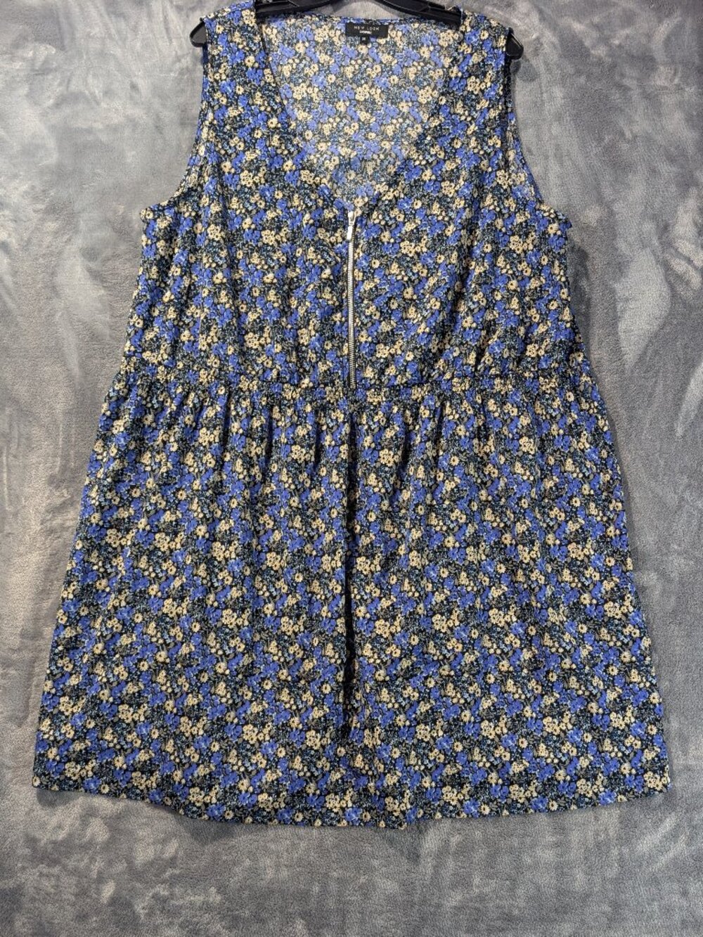 New Look Inspire Blue Ditsy Floral Silver Zip Front Babydoll Smock Dress Sz 20